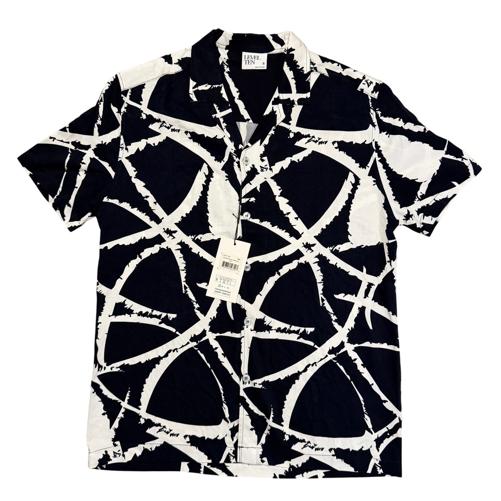 Rayon Camp Shirt Men's Small Level Ten Navy White Abstract Button Down LTCP-1187